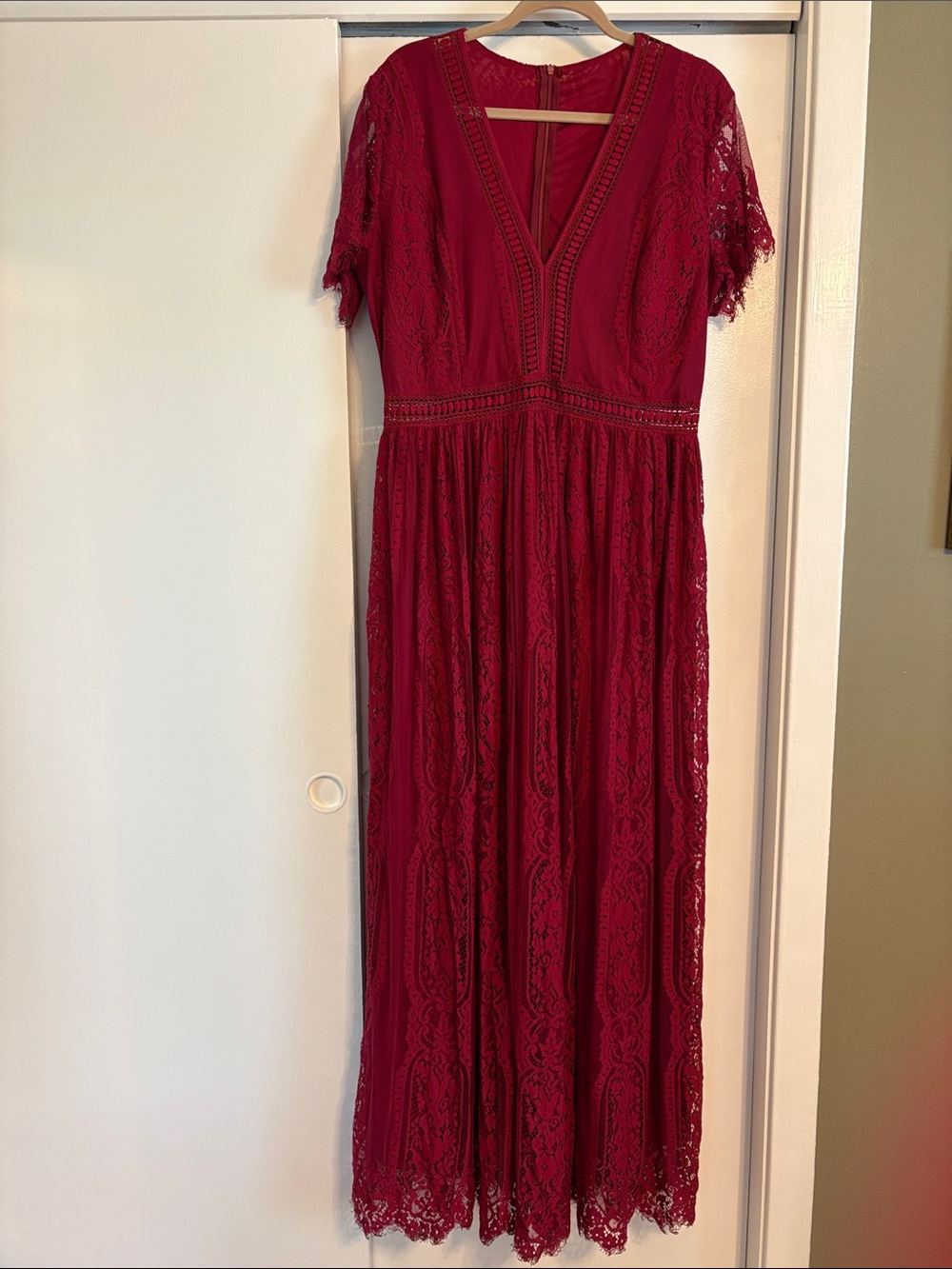 Blencot Lace V-Neck Maxi Dress in Wine Red